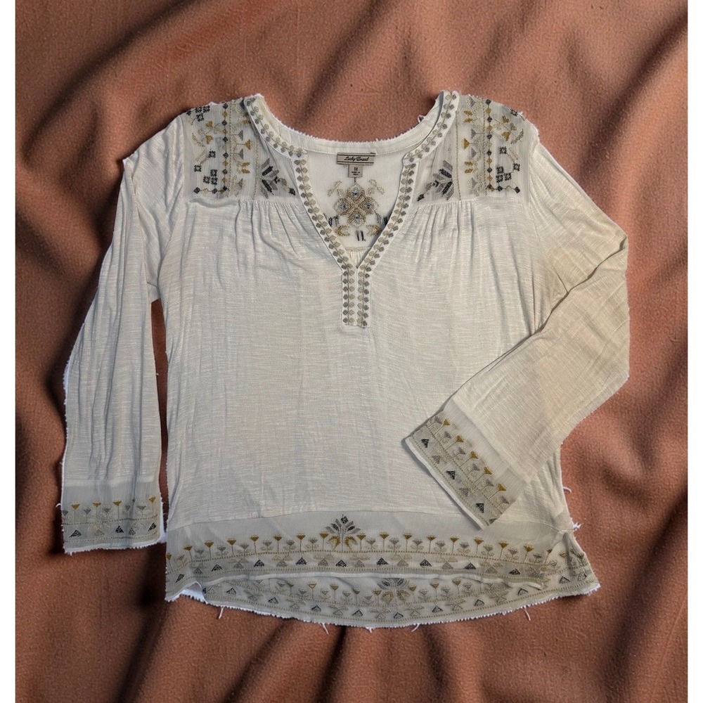 Lucky Brand White Embroidered Boho Peasant Top V-Neck Long Sleeve Blouse M